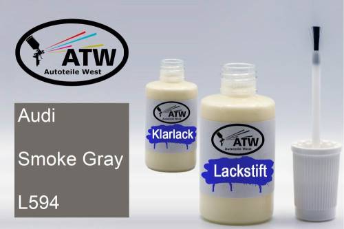 Audi, Smoke Gray, L594: 20ml Lackstift + 20ml Klarlack - Set, von ATW Autoteile West.